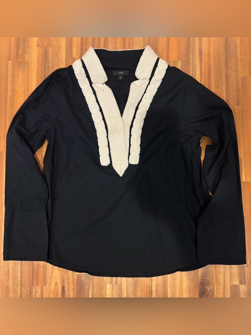 J.Crew 100% Organic Cotton Long Sleeve Blouse Soutache Trim Tunic Small Black